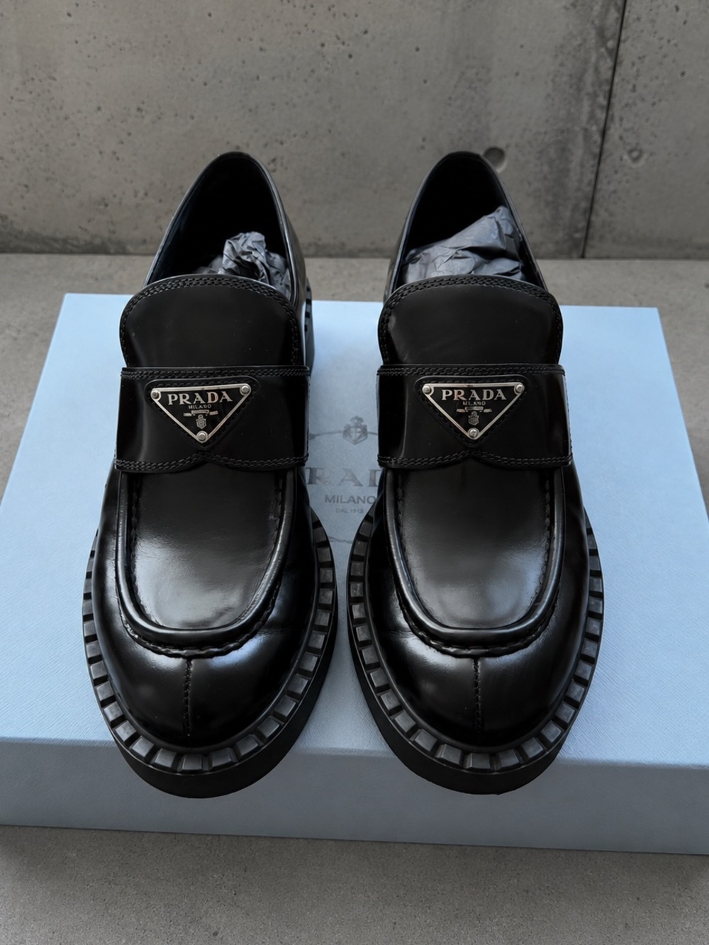 Prada Chocolate Brushed Black Leather Loafers